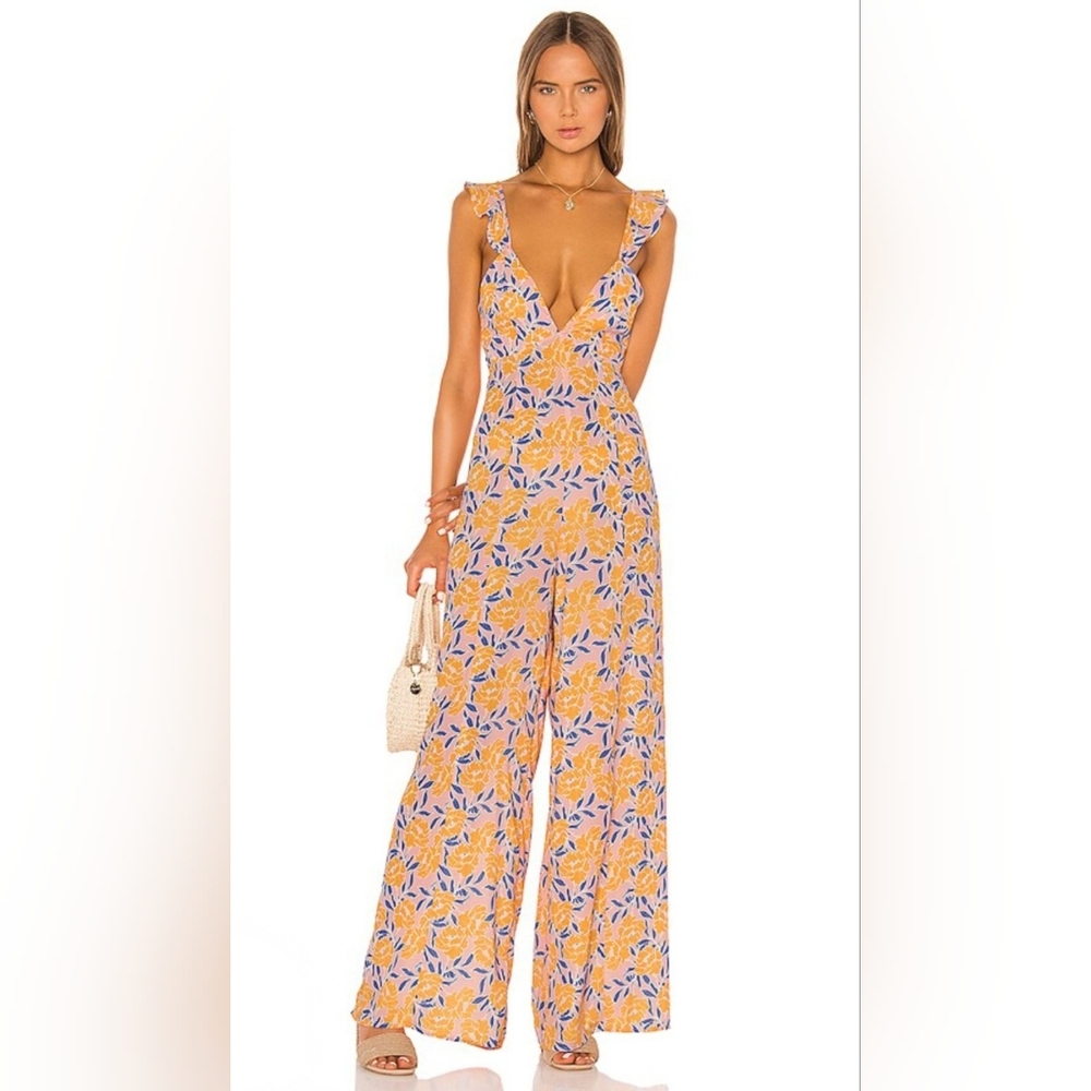 Revolve RESA Jilly Wide Leg Jumpsuit Sunshine Tropical Floral Size M